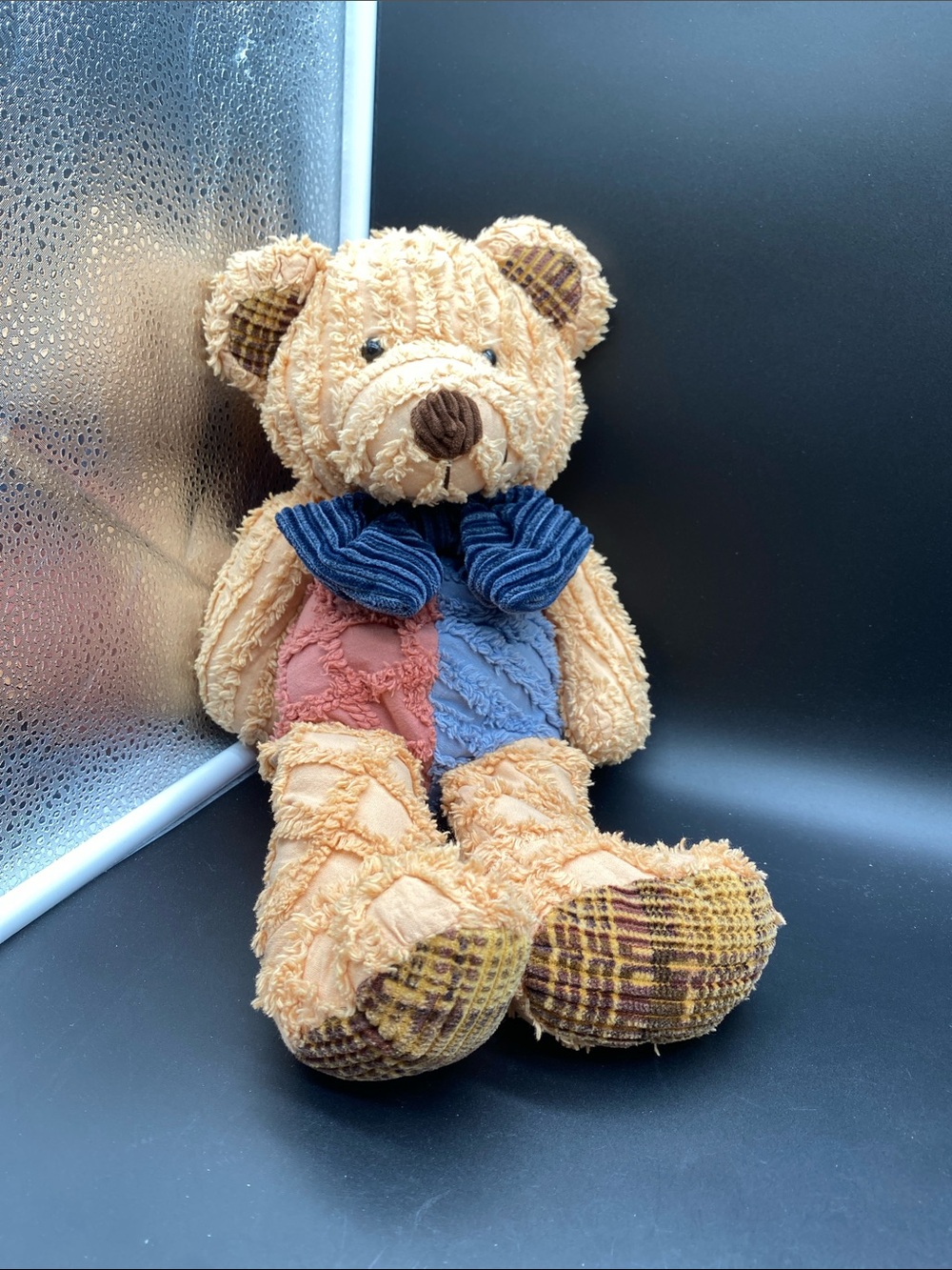 Chenille Plush Teddy Bear with Blue Bow